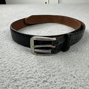 Veari Alligator Grain Leather Belt 38" x 1-1/4" Black Silver Tone Made in Mexico